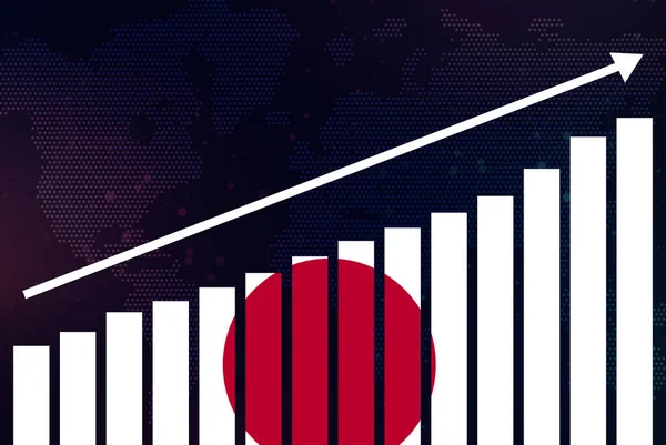 Japan bar chart graph, increasing values, Japan country flag on bar graph, upward rising arrow on data, news banner idea, developing country concept