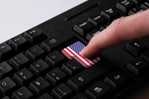 Nyomja Meg Entert Gombot Usa Zászlajával Képviseli Egyesült Államok Számítógépes — Stock Fotó