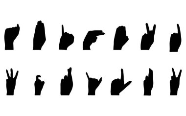 İşaret dili silueti, beyaz arkaplanda izole edilmiş, el işareti dili vektör harfleri, engelli körler iletişim konsepti