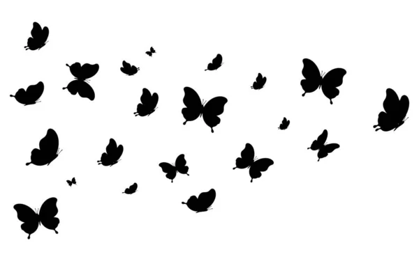 コピースペースで飛び回る蝶 白い背景に隔離された 異なるサイズのシルエット蝶ベクトル — ストックベクタ