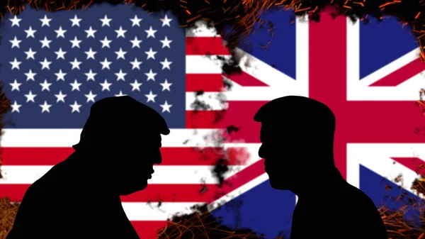 米国と英国の間の紛争 ドナルド トランプは Rishi Sunakと議論し ニュースバナーを破り 米国と英国の間の政治的危機 緊張と侵略 政治闘争や戦争 — ストック写真