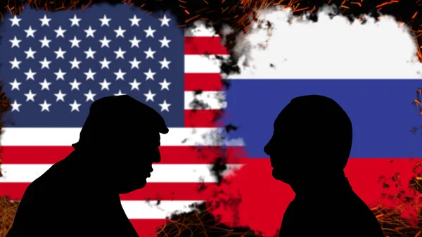 米国とロシアの間の紛争 ウラジーミル プーチンとのドナルド トランプの議論 ニュースバナーを破る 米国とロシアの間の政治的危機 緊張と侵略 政治闘争や戦争 — ストック写真