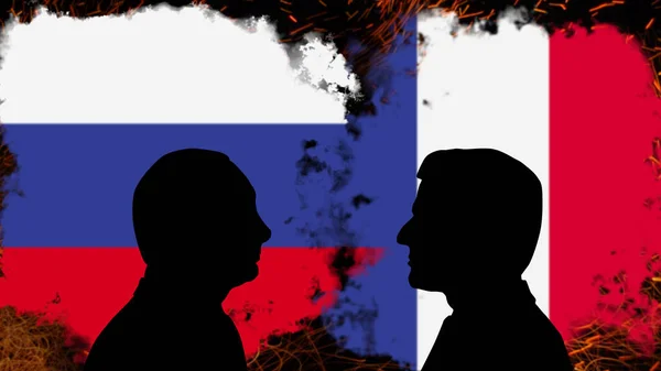 ロシアとフランスの間の紛争 エマニュエル マクロンとのウラジミール プーチン会談 ニュースバナーを破る ロシアとフランスの間の政治的危機 緊張と侵略 政治闘争や戦争 — ストック写真