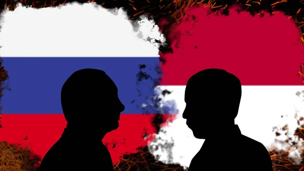 ロシアとインドネシアの間の紛争 ジョコ ウィドドとのウラジミール プーチンの議論 ニュースバナーを破る ロシアとインドネシアの間の政治的危機 緊張と侵略 政治闘争や戦争 — ストック写真