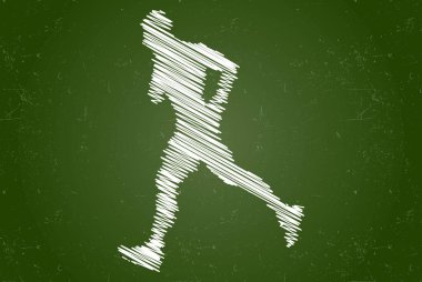 Koşucu tebeşir etkisi vektör silueti, erkek kişi koşusu, hızlı koşma kavramı, atletizm profili silüeti fikri, beyaz renk karatahta izole edilmiş