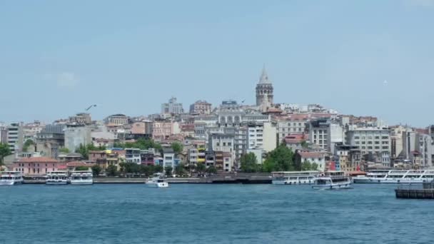 Galata Tower Wide Angle Fps Front Side View Eminonu Seaside — Stock Video