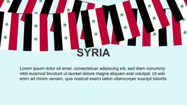 İpe asılı Suriye bayrakları, kutlama ve selamlama kavramı, metin alanı, afiş ve poster fikri, dekorasyon malzemesi, bağımsızlık günü olan Suriye bayrakları