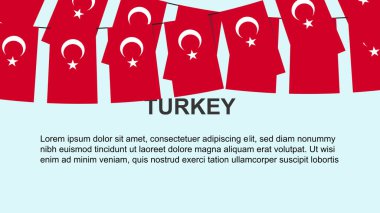 İpe asılı duran Türkiye bayrakları, kutlama ve selamlama kavramı, metin alanı, afiş ve poster fikri, dekorasyon malzemesi, bağımsızlık günü olan Türkiye bayrakları