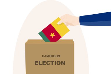 Kamerun seçim ve oy konsepti, siyasi seçim, erkek eli ve oy sandığı, demokrasi ve insan hakları fikri, seçim günü, Kamerun bayrağı taşıyan vektör varlığı