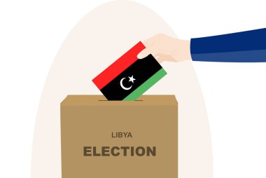 Libya seçim ve oy konsepti, siyasi seçim, erkek ve oy sandığı, demokrasi ve insan hakları fikri, seçim günü, Libya bayrağı taşıyan vektör varlık