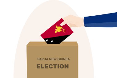 Papua Yeni Gine seçim ve oy konsepti, siyasi seçim, erkek eli ve oy sandığı, demokrasi ve insan hakları fikri, seçim günü, Papua Yeni Gine bayrağı taşıyan vektör varlığı