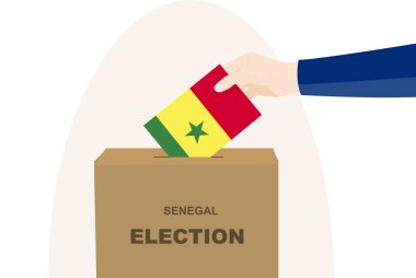 Senegal seçim ve oy konsepti, siyasi seçim, erkek eli ve oy sandığı, demokrasi ve insan hakları fikri, seçim günü, Senegal bayrağı taşıyan vektör varlığı