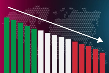 İtalya bar grafik grafiği, azalan değerler, kriz ve düşüş konsepti, çubuk grafikte İtalya bayrağı, verilerde aşağı ok, haber afişi fikri, başarısızlık ve azalma, mali istatistik