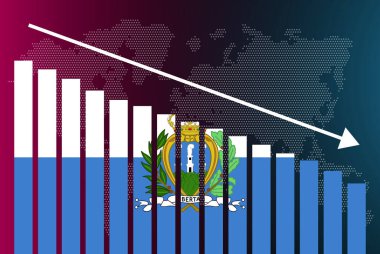 San Marino bar grafiği, azalan değerler, kriz ve düşüş konsepti, ölçü çubuğunda San Marino bayrağı, veri üzerinde aşağı ok, haber afişi fikri, başarısızlık ve azalma, finansal istatistik