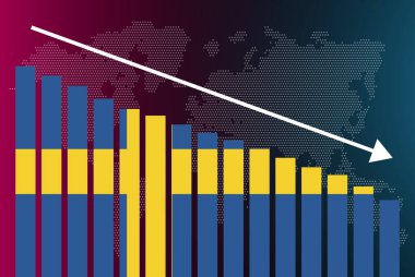 İsveç bar grafiği grafiği, azalan değerler, kriz ve düşüş konsepti, bar grafiğinde İsveç bayrağı, veri üzerinde aşağı ok, haber afişi fikri, başarısızlık ve azalma, mali istatistik