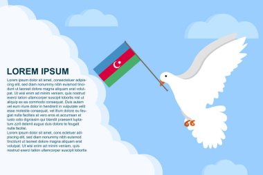 Metin alanlı Azerbaycan barış kavramı, gagasında Azerbaycan bayrağı olan Barış Güvercini, bulutlarda uçan güvercin, vektör çizimi, Azerbaycan barış günü şablonu, özgürlük fikri