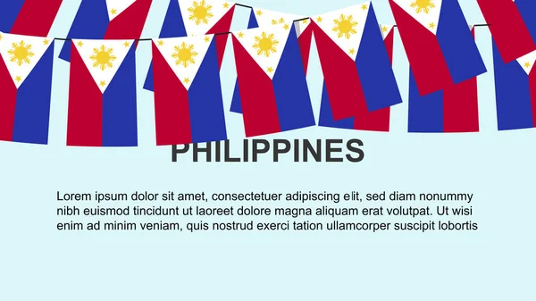 ロープ お祝いと挨拶の概念にかかっているフィリピンの旗 テキストスペース バナーとポスターのアイデア 装飾材料 独立記念日の多くのフィリピンの旗 — ストックベクタ
