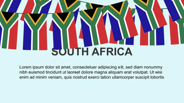 ロープ お祝いと挨拶の概念にかかっている南アフリカの旗 テキストスペース バナーとポスターのアイデア 装飾材料 独立記念日の多くの南アフリカの旗 — ストックベクタ