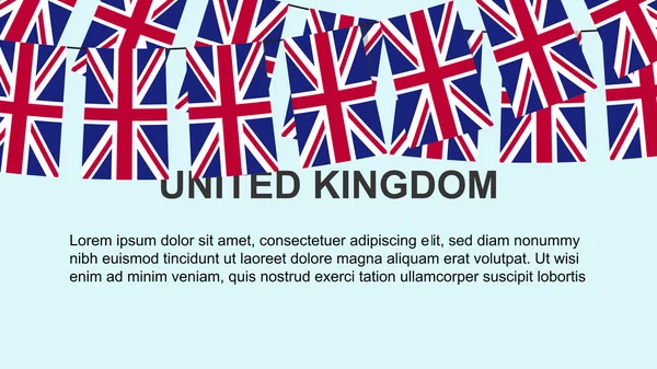ロープ お祝いや挨拶の概念にかかって英国のフラグは テキストスペース バナーやポスターのアイデア 装飾材料 独立した日と多くの英国のフラグ — ストックベクタ