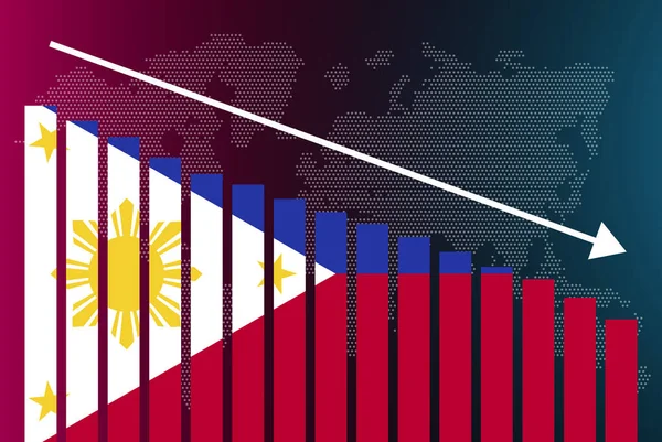 菲律宾条形图 价值递减 危机和降级概念 菲律宾条形图上的横幅 数据上的箭头 新闻横幅概念 失败和下降 金融统计 — 图库矢量图片