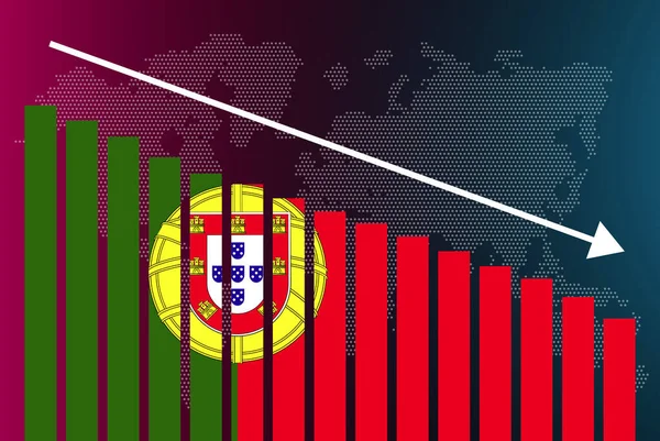 ポルトガル棒グラフ 値の減少 危機とダウングレードの概念 ポルトガル棒グラフ上のフラグ データ上の下矢印 ニュースバナーのアイデア 失敗と減少 財務統計 — ストックベクタ