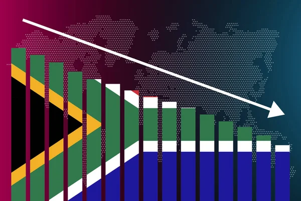 南アフリカの棒グラフ 値の減少 危機とダウングレードの概念 南アフリカの旗棒グラフ データの下矢印 ニュースバナーのアイデア 失敗と減少 財務統計 — ストックベクタ