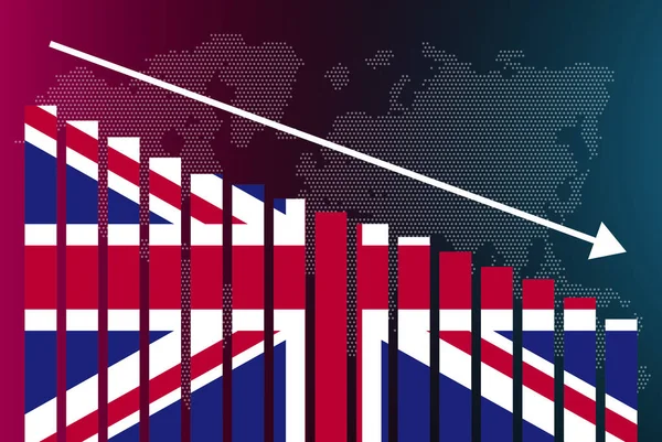 英国の棒グラフ 値の減少 危機とダウングレードの概念 英国の旗棒グラフ データの下矢印 ニュースバナーのアイデア 失敗と減少 財務統計 — ストックベクタ
