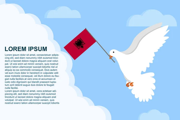 Koncepcja Pokoju Albanii Obszarem Tekstowym Gołąb Pokoju Chorągiewką Albanii Dziobie — Wektor stockowy