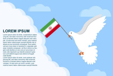 Metin alanlı İran barış kavramı, gagasında İran bayrağı olan Barış Güvercini, bulutlarda uçan güvercin, vektör çizimi tasarımı, İran barış günü şablonu, özgürlük fikri