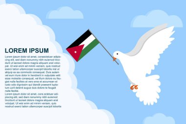 Metin alanlı Ürdün barış kavramı, gagasında Ürdün bayrağı olan Barış Güvercini, bulutlarda uçan güvercin, vektör çizimi tasarımı, Ürdün barış günü şablonu, özgürlük fikri