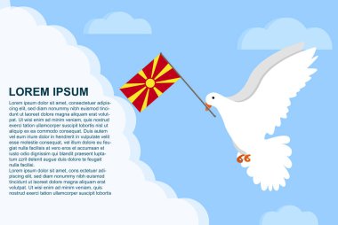 Makedonya 'nın metin alanındaki barış kavramı, gagasında Makedonya bayrağı olan Barış Güvercini, bulutlarda uçan güvercin, vektör illüstrasyon tasarımı, Makedonya barış günü şablonu, özgürlük fikri