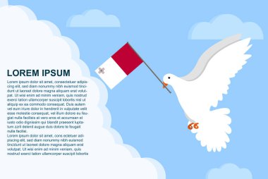 Metin alanı olan Malta barış kavramı, gagasında Malta bayrağı olan Barış Güvercini, bulutlarda uçan güvercin, vektör çizimi tasarımı, Malta barış günü şablonu, özgürlük fikri