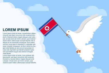 Metin bölgesi ile Kuzey Kore barış kavramı, gagasında Kuzey Kore bayrağı olan Barış Güvercini, bulutlarda uçan güvercin, vektör çizimi tasarımı, Kuzey Kore barış günü şablonu, özgürlük fikri