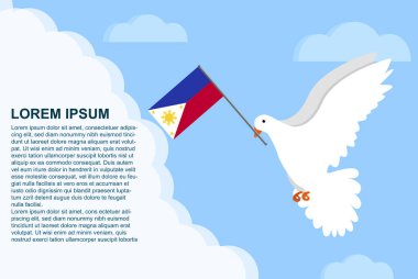 Metin alanlı Filipinler barış konsepti, gagasında Filipinler bayrağı olan Barış Güvercini, bulutlarda uçan güvercin, vektör çizimi, Filipinler barış günü şablonu, özgürlük fikri