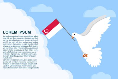 Singapur barış kavramı metin alanı, gagasında Singapur bayrağı olan Barış Güvercini, bulutlarda uçan güvercin, vektör çizimi tasarımı, Singapur barış günü şablonu, özgürlük fikri
