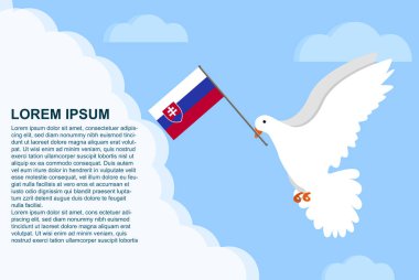 Slovakya barış konsepti metin alanı, gagasında Slovakya bayrağı olan Barış Güvercini, bulutlarda uçan güvercin, vektör çizimi, Slovakya barış günü şablonu, özgürlük fikri