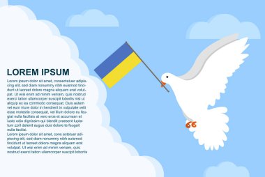 Metin alanına sahip Ukrayna barış kavramı, gagasında Ukrayna bayrağı olan Barış Güvercini bulutlarda uçan güvercin, vektör çizimi tasarımı, Ukrayna barış günü şablonu, özgürlük fikri