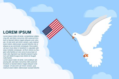 ABD barış konsepti metin alanı, ABD bayraklı güvercin, bulutlarda uçan güvercin, vektör çizimi, ABD barış günü şablonu, özgürlük fikri