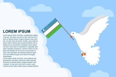 Metin alanına sahip Özbekistan barış kavramı, gagasında Özbekistan bayrağı olan Barış Güvercini, bulutlarda uçan güvercin, vektör illüstrasyon tasarımı, Özbekistan barış günü şablonu, özgürlük fikri