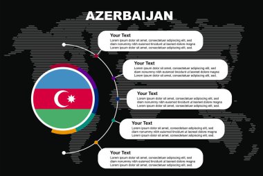 Bilgi metin alanlarıyla Azerbaycan çember bilgileri, dünya haritası ile kara arkaplan, Azerbaycan daire ülke bayrağı, ülkeler için sunum grafik fikri, bilgi ve veri şablonu