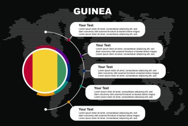 Bilgi metin alanlarına sahip Gine dairesi bilgileri, dünya haritalı siyah arkaplan, Gine dairesi ülke bayrağı, ülkeler için sunum grafik fikri, bilgi ve veri şablonu