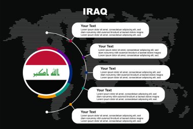 Bilgi metinleri, dünya haritalı kara arkaplan, Irak çember ülke bayrağı, ülkeler için sunum grafik fikri, bilgi ve veri şablonu