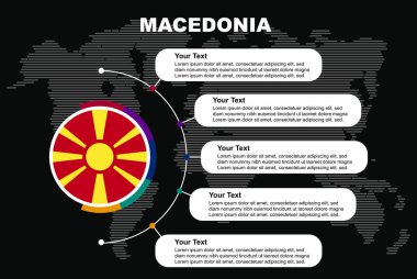 Makedonya bilgi metin alanlarına sahip bilgi çemberi bilgileri, dünya haritalı siyah arkaplan, Makedonya ülke bayrağı, ülkeler için grafik fikir, bilgi ve veri şablonu sunumu