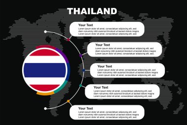 Bilgi metin alanlarıyla Tayland çember bilgileri, dünya haritası ile siyah arkaplan, Tayland daire ülke bayrağı, ülkeler için sunum grafik fikri, bilgi ve veri şablonu