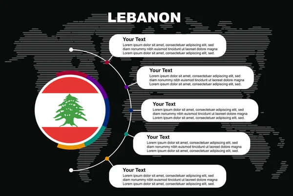 stock vector Lebanon circle infographic with information text spaces, black background with world map, Lebanon circle country flag, presentation graphic idea, info and data template for countries