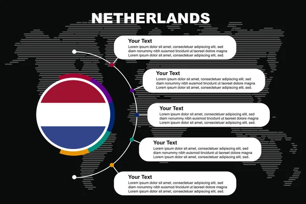 荷兰圆形信息图 信息文字空间 黑色背景 世界地图 荷兰圆形国家国旗 演示图形思想 信息和国家数据模板 — 图库矢量图片