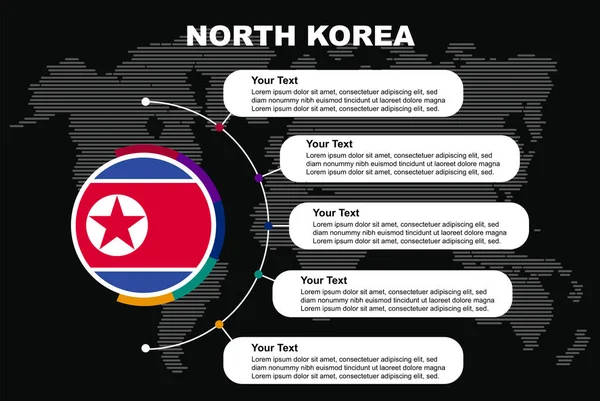 朝鲜用信息文字空间环绕信息图形 用世界地图环绕黑色背景 朝鲜用国旗环绕 为各国展示图形思想 信息和数据模板 — 图库矢量图片