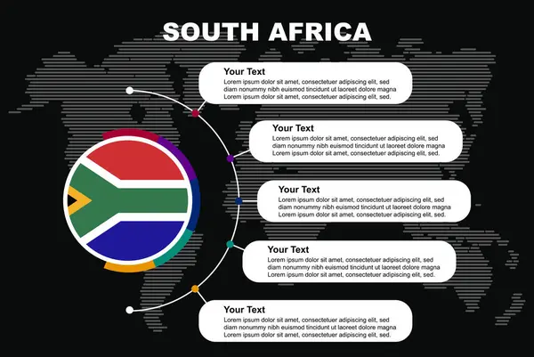 情報テキスト空間を持つ南アフリカのサークルインフォグラフィック 世界地図を持つ黒の背景 南アフリカのサークルカントリーフラグ プレゼンテーショングラフィックアイデア 国のための情報とデータテンプレート — ストックベクタ