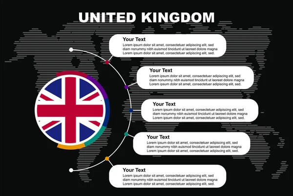 United Kingdom Circle Infographic Information Text Spaces Black Background World —  Vetores de Stock