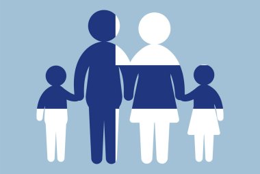 Aile kavramı, vektör unsuru, ebeveyn ve çocukların el ele tutuşması, göçmen fikri, Finlandiya bayrağı taşıyan mutlu aile, düz tasarım varlığı